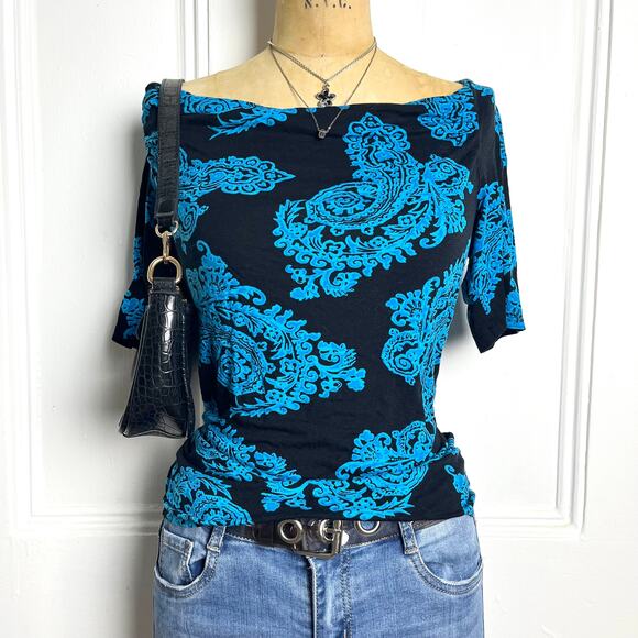 Inc short sleeve black and blue paisley print top with high cowl neckline - Picture 3 of 6